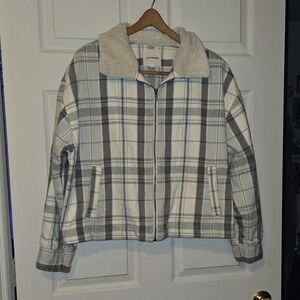 Lucky Brand Cream and Gray Plaid Teddy Jacket